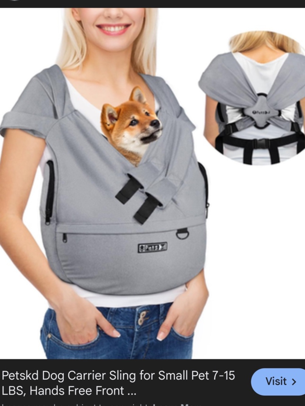 Hands-Free Gray Small Pet Carrier Sling for Front Carry